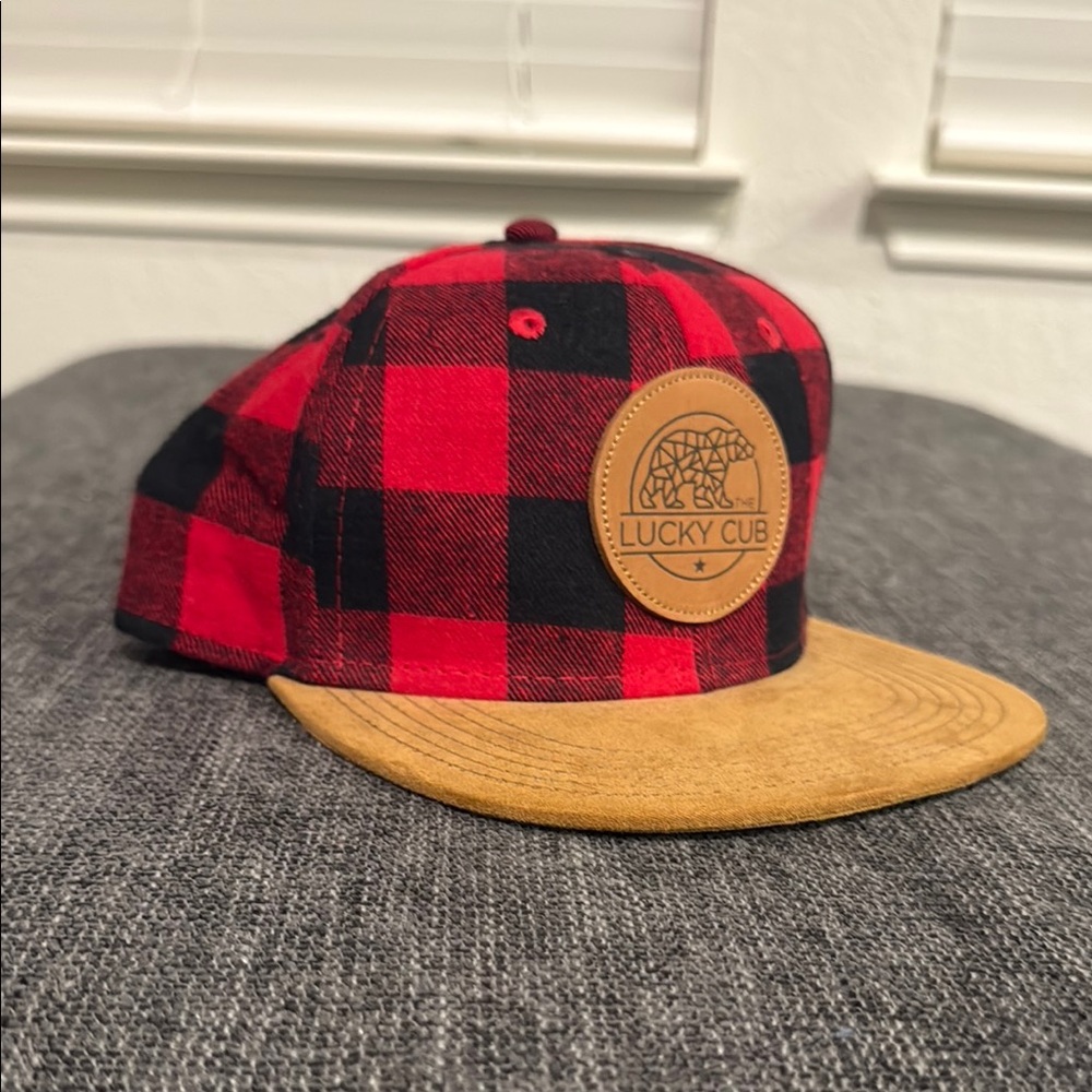 Red and Black Plaid Cap with Tan Brim